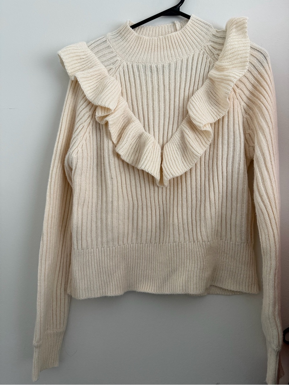 Cream Ribbed Ruffle Crewneck Sweater